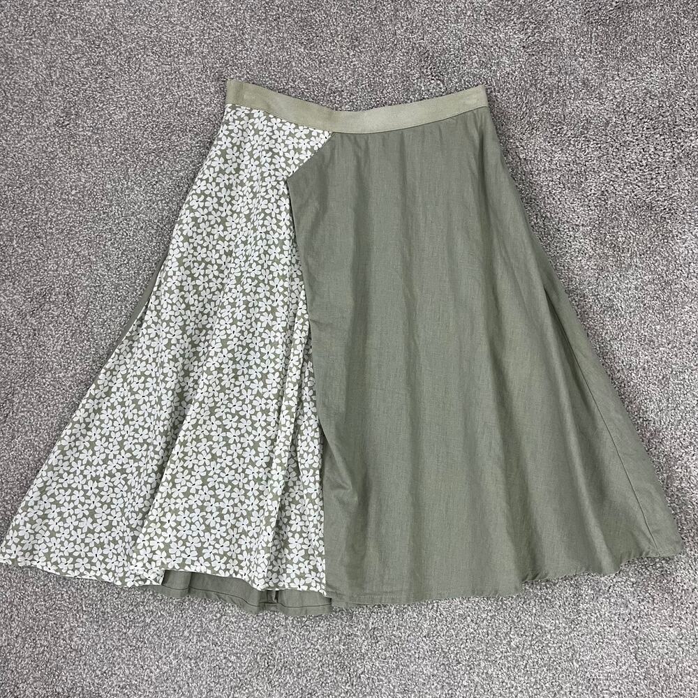Two-Tone Sage Green Floral Cotton-Linen Midi Skirt with Pockets S